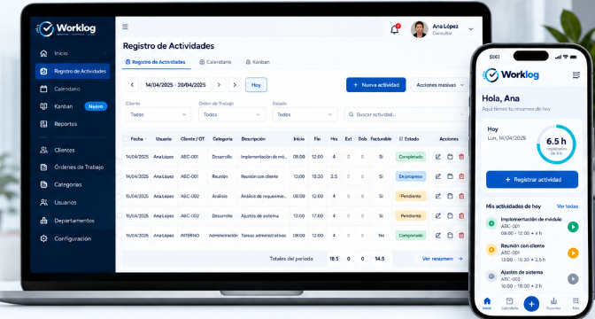 Worklog en computadora y teléfono: registro de actividades y resumen del día